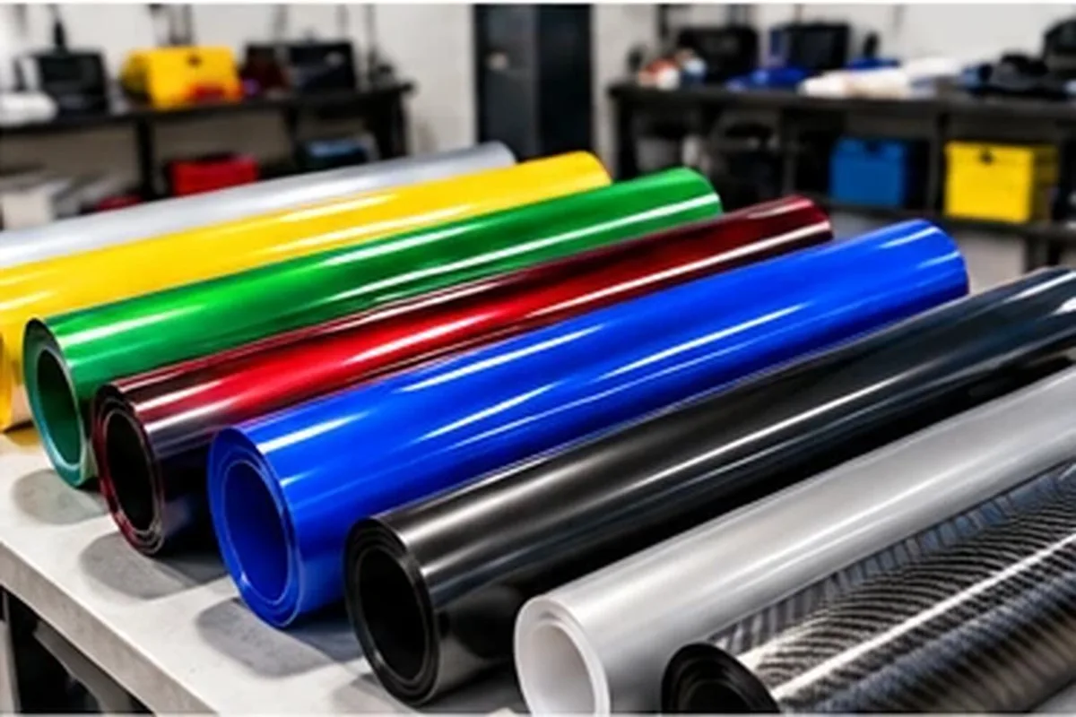 Rolls of vinyl wrap film on a shop table